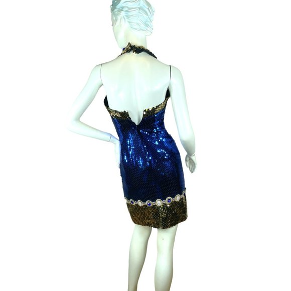 Sequin mini halter dress with jewels blue and gold by Alyce Designs Size XS/S - Picture 6 of 10